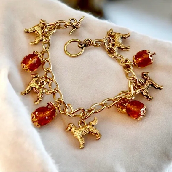 Vintage Gold Charm Bracelet Dogs Amber Beads Toggle Clasp Whimsical Equestrian - Picture 4 of 6